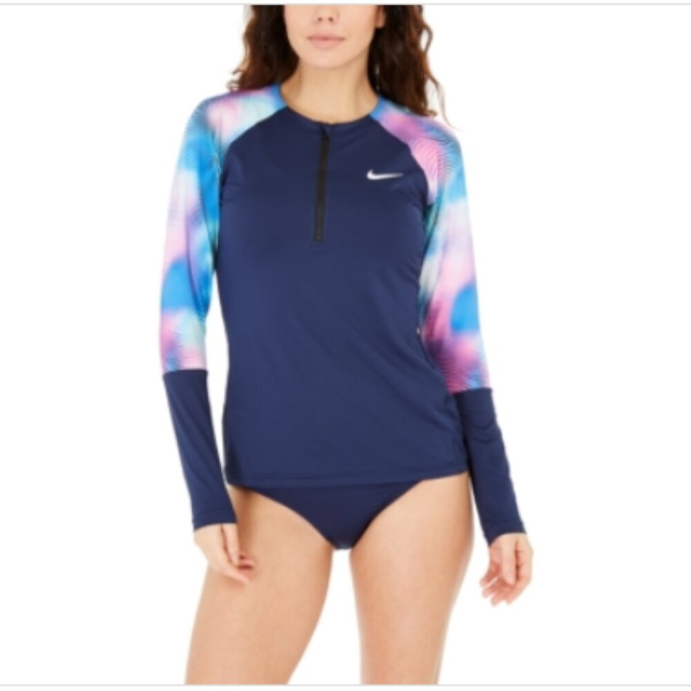 Nike MIDNIGHT NAVY MULTI Shift Printed Long-Sleeve Zip-Neck Rash Guard, US Small